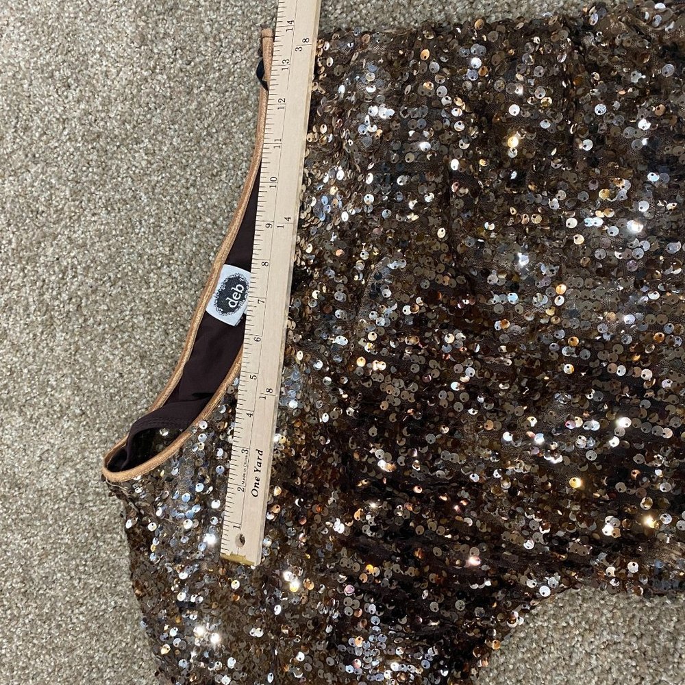 Brown Sequined Mini Dress One Shoulder Size 7 Medium Stretch Short Sleeve - Picture 9 of 13